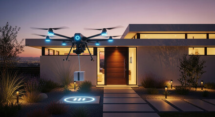Drone delivery service modern house package shipping technology futuristic home automation innovation