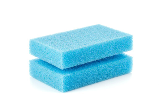 Two bright blue cleaning sponges stacked neatly on a clean white background, ready for household chores and deep cleaning tasks.