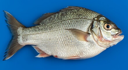 White fish isolated on blue background with detailed scales and fins