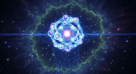 Abstract atom model illustration with energy field structure and glowing core design concept