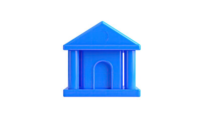 A blue, plastic toy building with columns, a triangular roof, and a curved arch