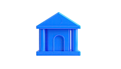 A blue, plastic toy building with columns, a triangular roof, and a curved arch