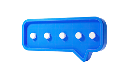 A 3D blue speech bubble with five white dots inside, rendered on black