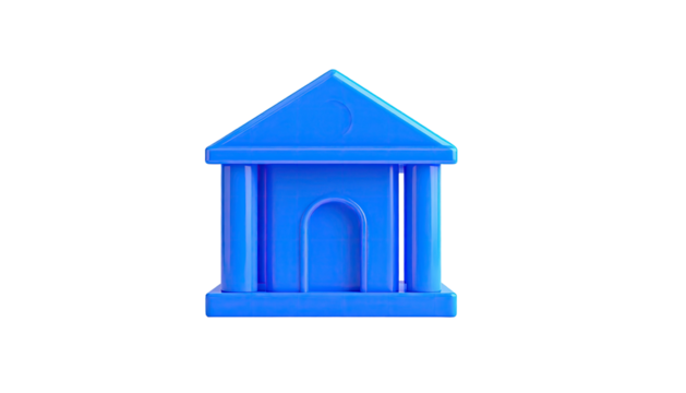 A blue, plastic toy building with columns, a triangular roof, and a curved arch