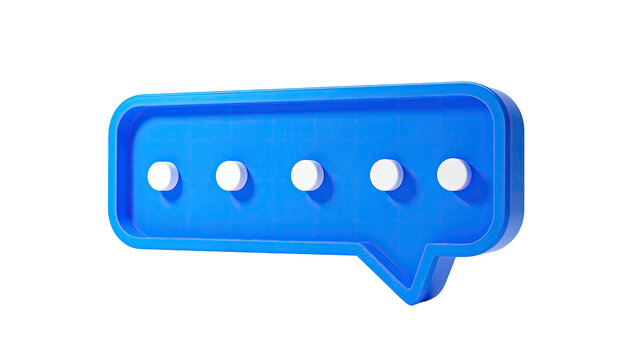 A 3D blue speech bubble with five white dots inside, rendered on black