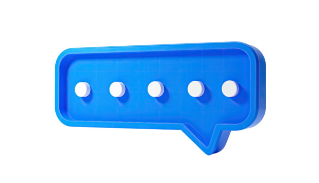 A 3D blue speech bubble with five white dots inside, rendered on black