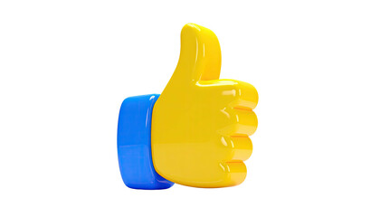 3D rendered thumbs up symbol with blue cuff and yellow hand, isolated on black