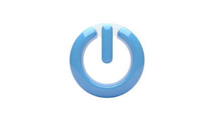 Glossy, light blue power symbol icon, on black, indicating on/off functionality