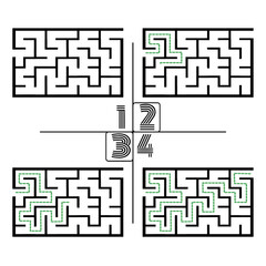 Illustration with labyrinth, maze conundrum for kids. Baby puzzle with entry and exit. Children puzzle game. 4 steps to complete the maze.