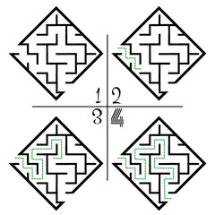 Illustration with labyrinth, maze conundrum for kids. Baby puzzle with entry and exit. Children puzzle game. 4 steps to complete the maze.