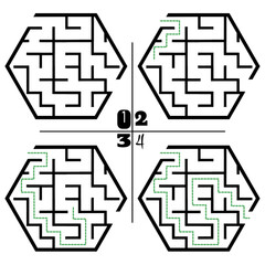 Illustration with labyrinth, maze conundrum for kids. Baby puzzle with entry and exit. Children puzzle game. 4 steps to complete the maze.