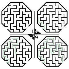 Illustration with labyrinth, maze conundrum for kids. Baby puzzle with entry and exit. Children puzzle game. 4 steps to complete the maze.