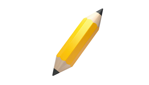 3D-rendered yellow pencil with black tip & eraser, slanted on black background