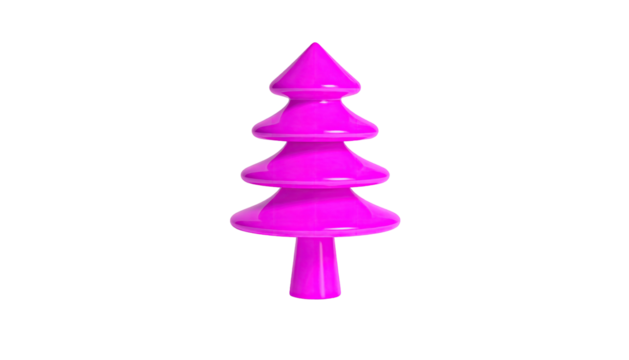 3D magenta stylized Christmas tree isolated against a stark black background