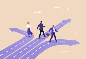 Multiple Choice Concept. Vector cartoon illustration of business people walking on different roads with arrows, symbolizing career paths, decision-making, opportunities, and future directions.