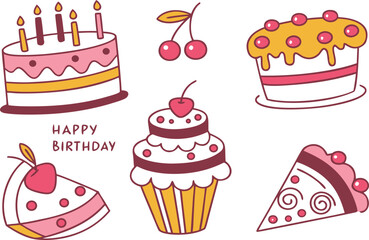 A set of cute cartoon birthday cakes and cupcakes with candles, cherries, and chocolate cream for a sweet party decoration vector illustration