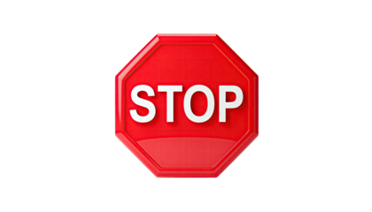 A red, glossy, octagonal sign displaying "STOP" against a black background