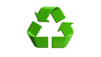 Shiny green three-arrow emblem, symbol of reuse and conservation, on a black backdrop