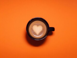 a cup of black coffee with heart-shaped latte art on a bright orange table.