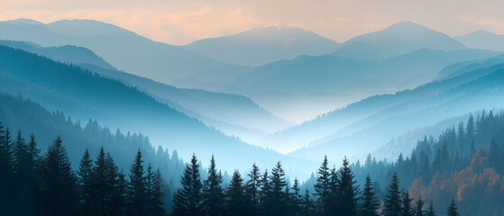 Obraz premium Misty Mountain Landscape with Pine Forest and Hazy Valley Sunrise