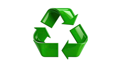 A shiny, three-dimensional green recycling symbol on a black background