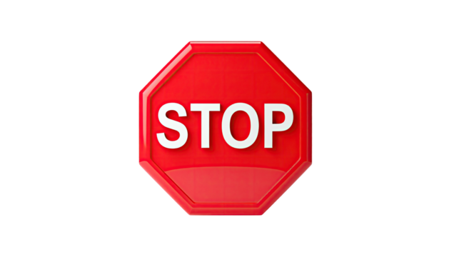 A red, glossy, octagonal sign displaying "STOP" against a black background