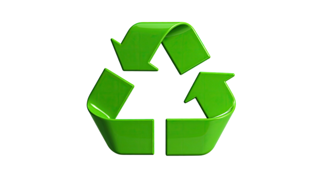 Shiny green three-arrow emblem, symbol of reuse and conservation, on a black backdrop