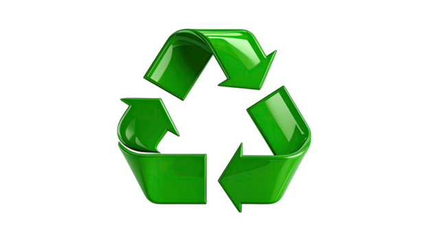 A shiny, three-dimensional green recycling symbol on a black background - Powered by Adobe