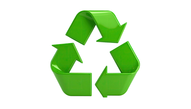 3D-rendered green arrows in a recycling symbol, isolated on a stark black background