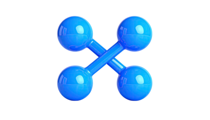 Blue, abstract, 3D design. Crossed spheres with glossy surfaces against black