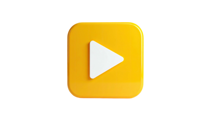 A 3D yellow square with rounded corners, a white play button on a black backdrop