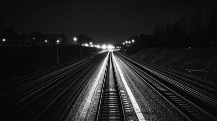 Night train tracks, lights guide