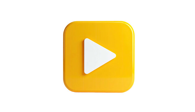 A 3D yellow square with rounded corners, a white play button on a black backdrop