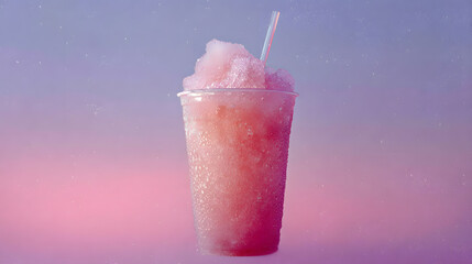 Refreshing Slushy Drink with Pink Rose Colors Against a Soft Gradient Background