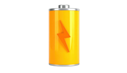 A golden battery with a central orange lightning bolt symbol, on a black background