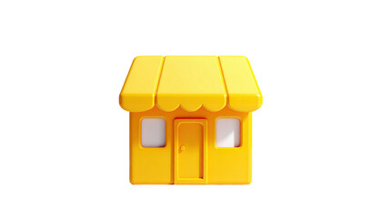 Bright yellow cartoon shop with windows, door, and awning, isolated on black background