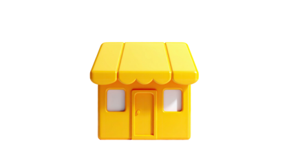 Bright yellow cartoon shop with windows, door, and awning, isolated on black background