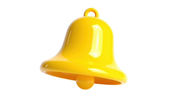 Glossy 3D illustration of a yellow bell with a loop, floating on a black background