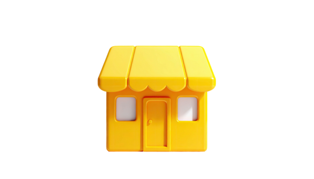 Bright yellow cartoon shop with windows, door, and awning, isolated on black background - Powered by Adobe