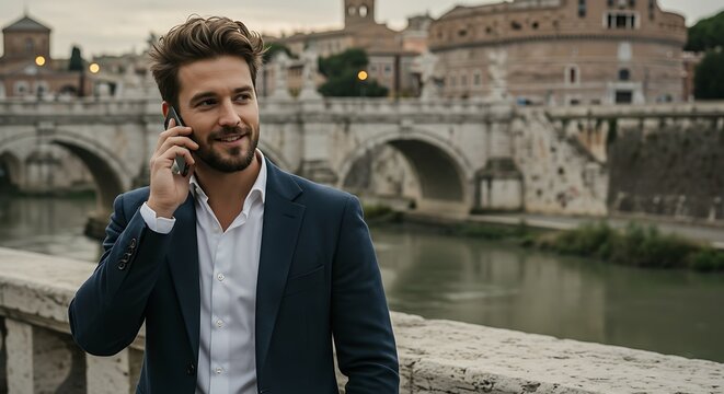 Stylish man talking on phone outdoors near bridge and river