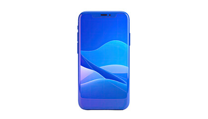 Sleek, bezel-less smartphone with a vibrant blue wave wallpaper, isolated on black