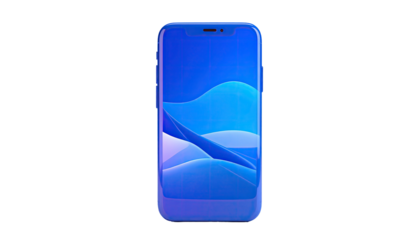 Sleek, bezel-less smartphone with a vibrant blue wave wallpaper, isolated on black
