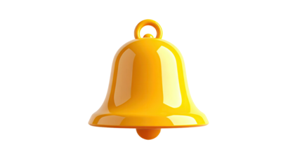 A shiny, rendered golden bell with a loop at the top on a stark black background