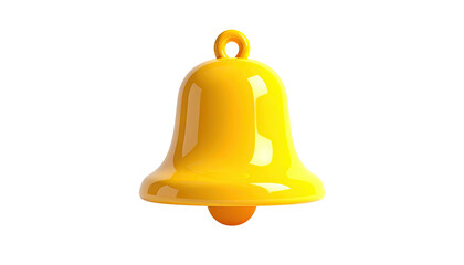 A bright, yellow, shiny bell rendered in 3D, isolated on a solid black background