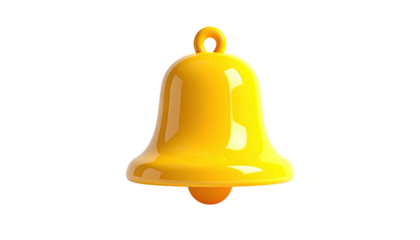 A bright, yellow, shiny bell rendered in 3D, isolated on a solid black background