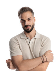 Obraz premium sexy young guy in polo shirt crossing arms and looking forward