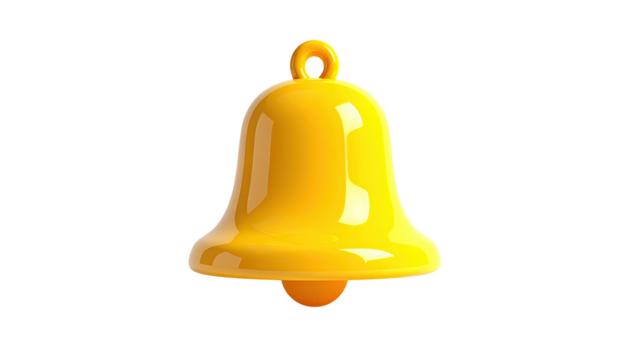 A bright, yellow, shiny bell rendered in 3D, isolated on a solid black background