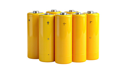 A cluster of yellow cylindrical power cells standing vertically, arranged on a black backdrop