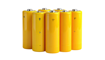 A cluster of yellow cylindrical power cells standing vertically, arranged on a black backdrop