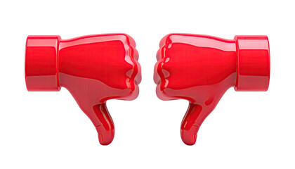 Two glossy, red thumbs-down emojis side-by-side against a transparent black background